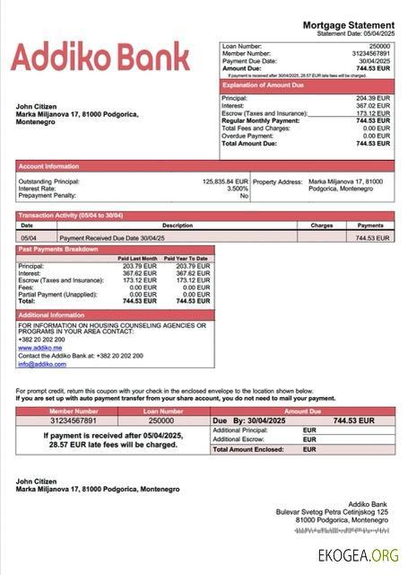 Modèle Word et PDF de relevé hypothécaire du Monténégro Addiko Bank